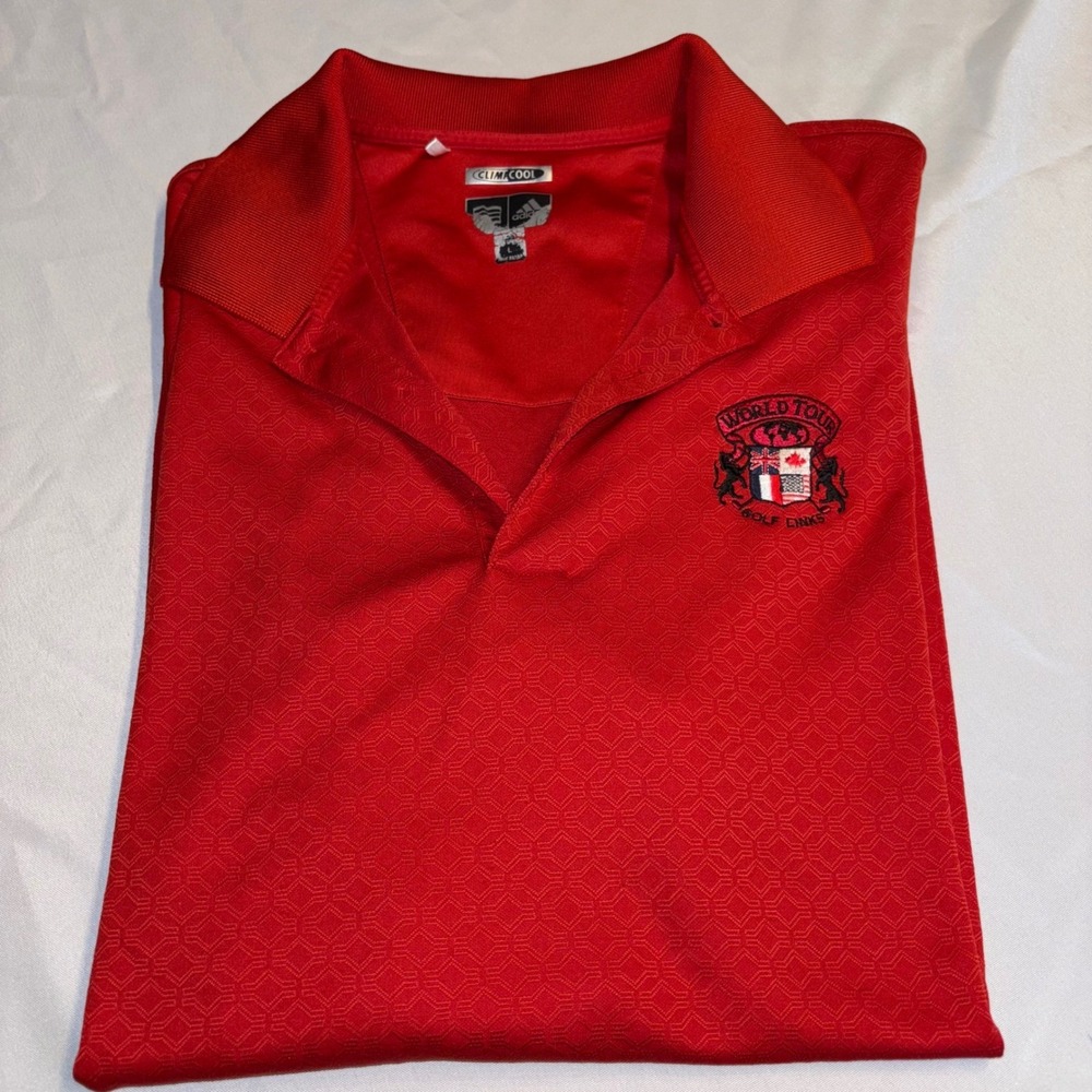 Adidas ClimaCool Golf Polo Shirt Mens Large‎ Red Textured World Tour Golf Links